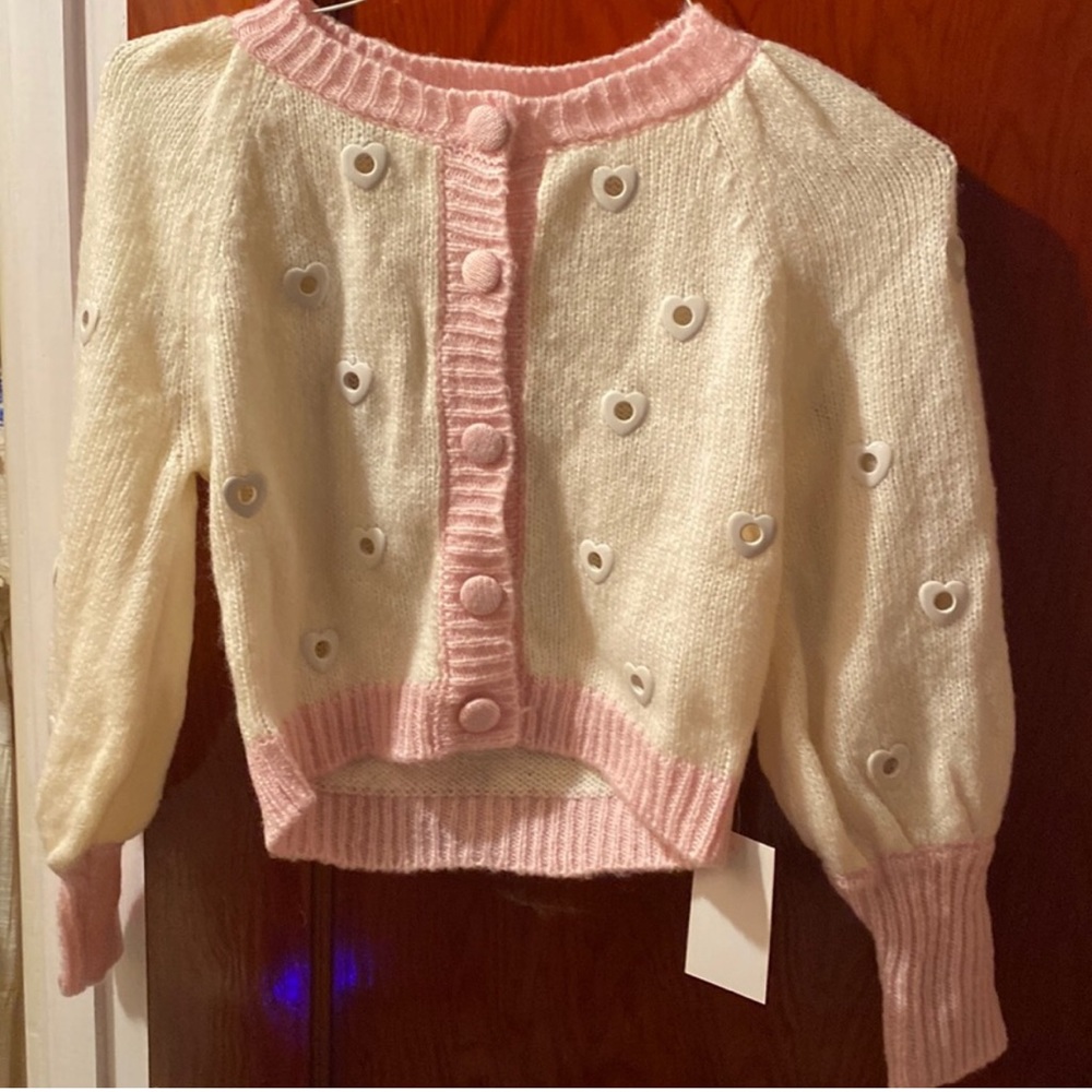 NWT For Love and Lemons Cropped Lovejoy Metallic Hearts Sweater Cardigan S